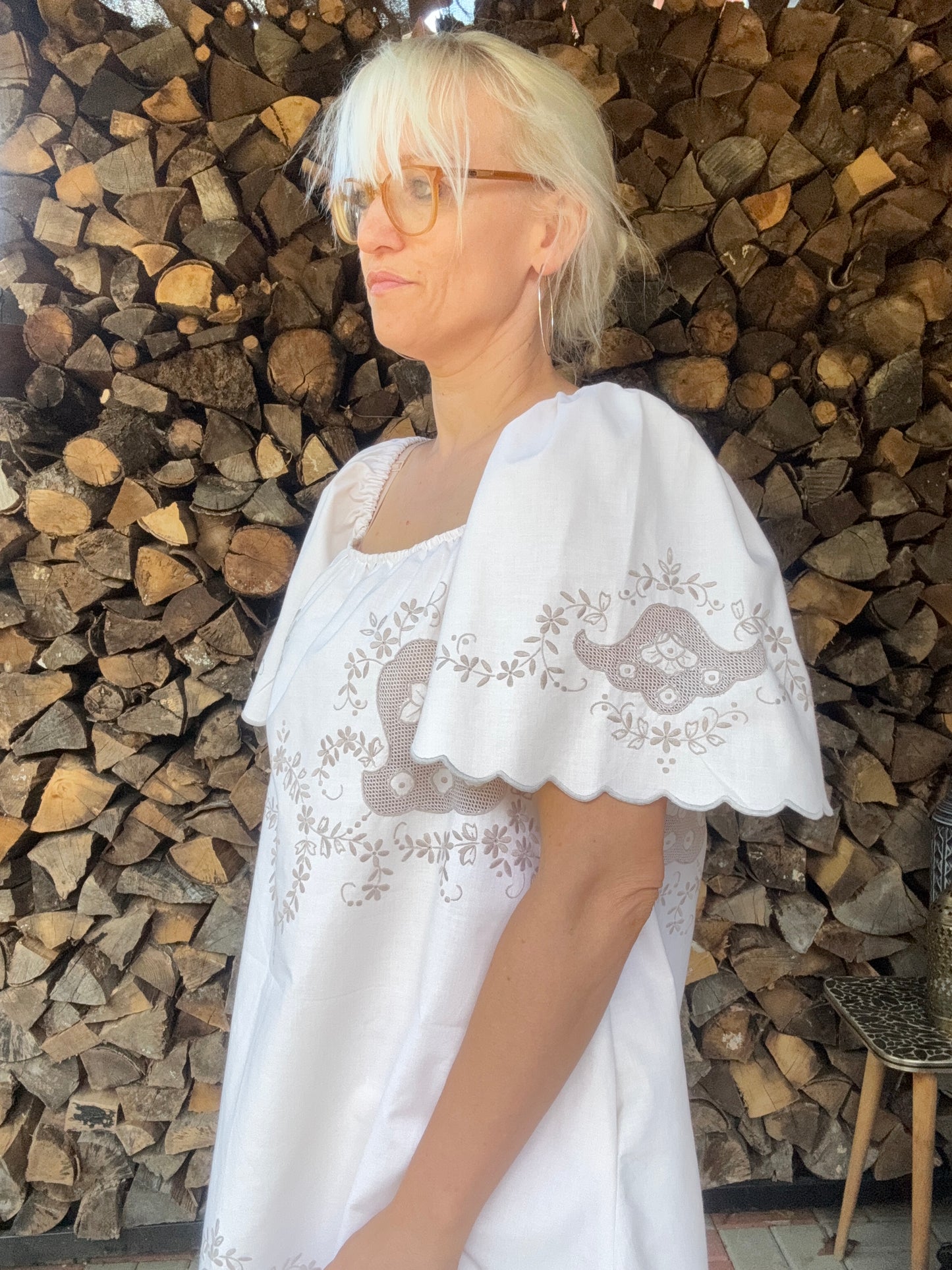 Beige cotton grey embroidery dress