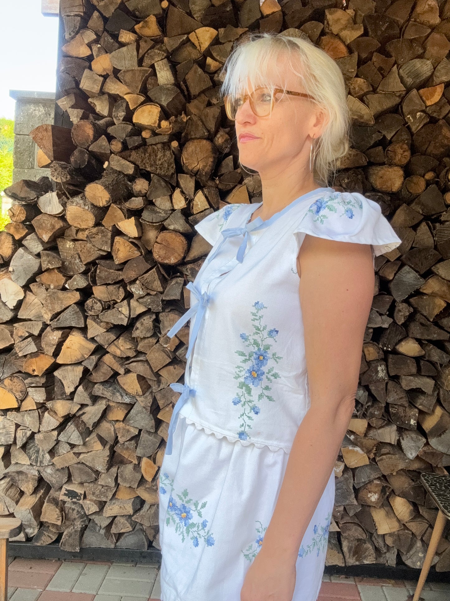 Blue/white cotton shorts twinset