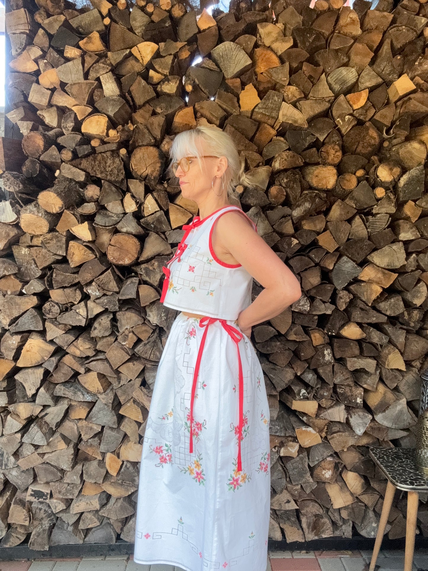 Cotton white/red skirt twinset