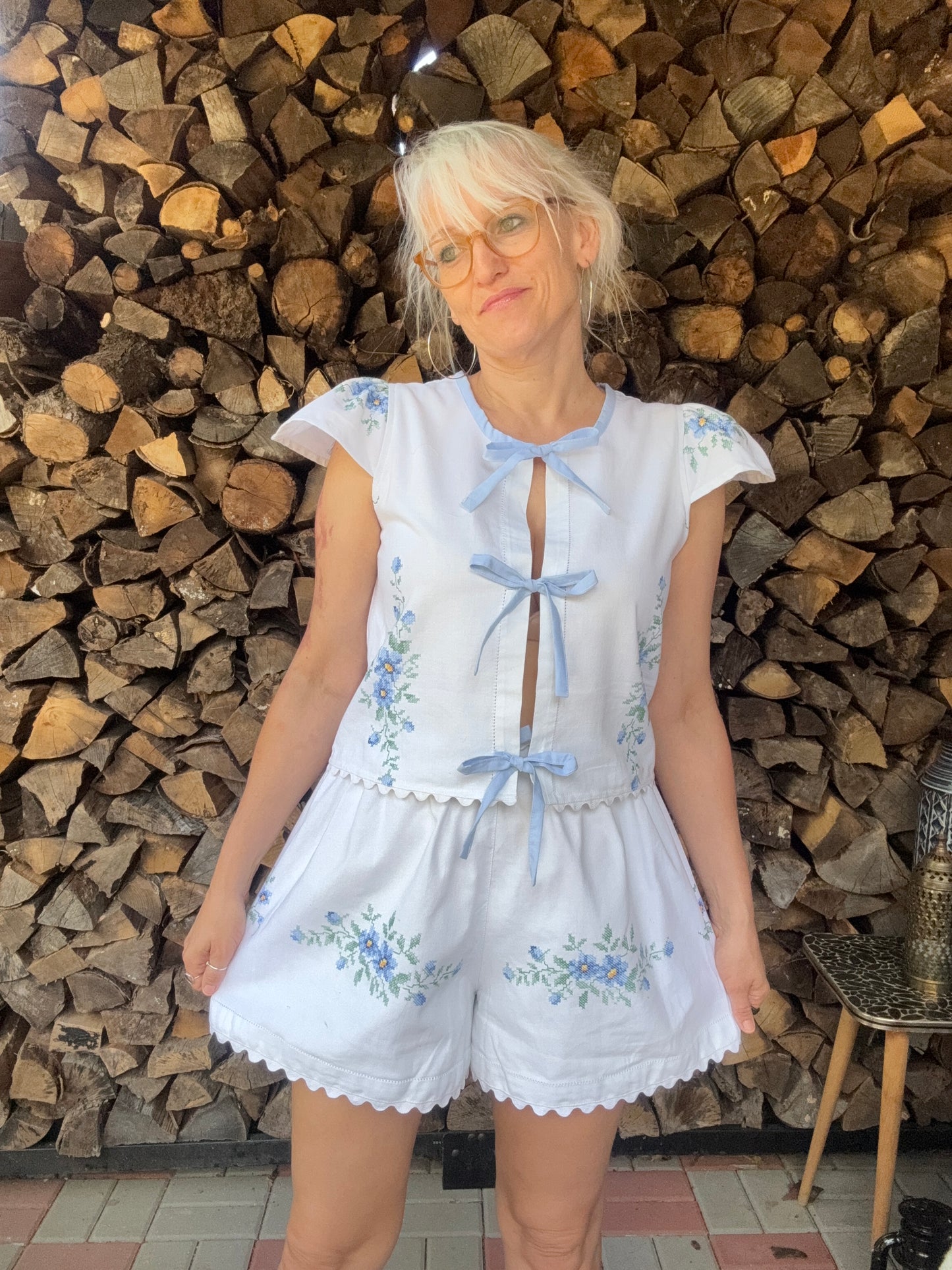 Blue/white cotton shorts twinset