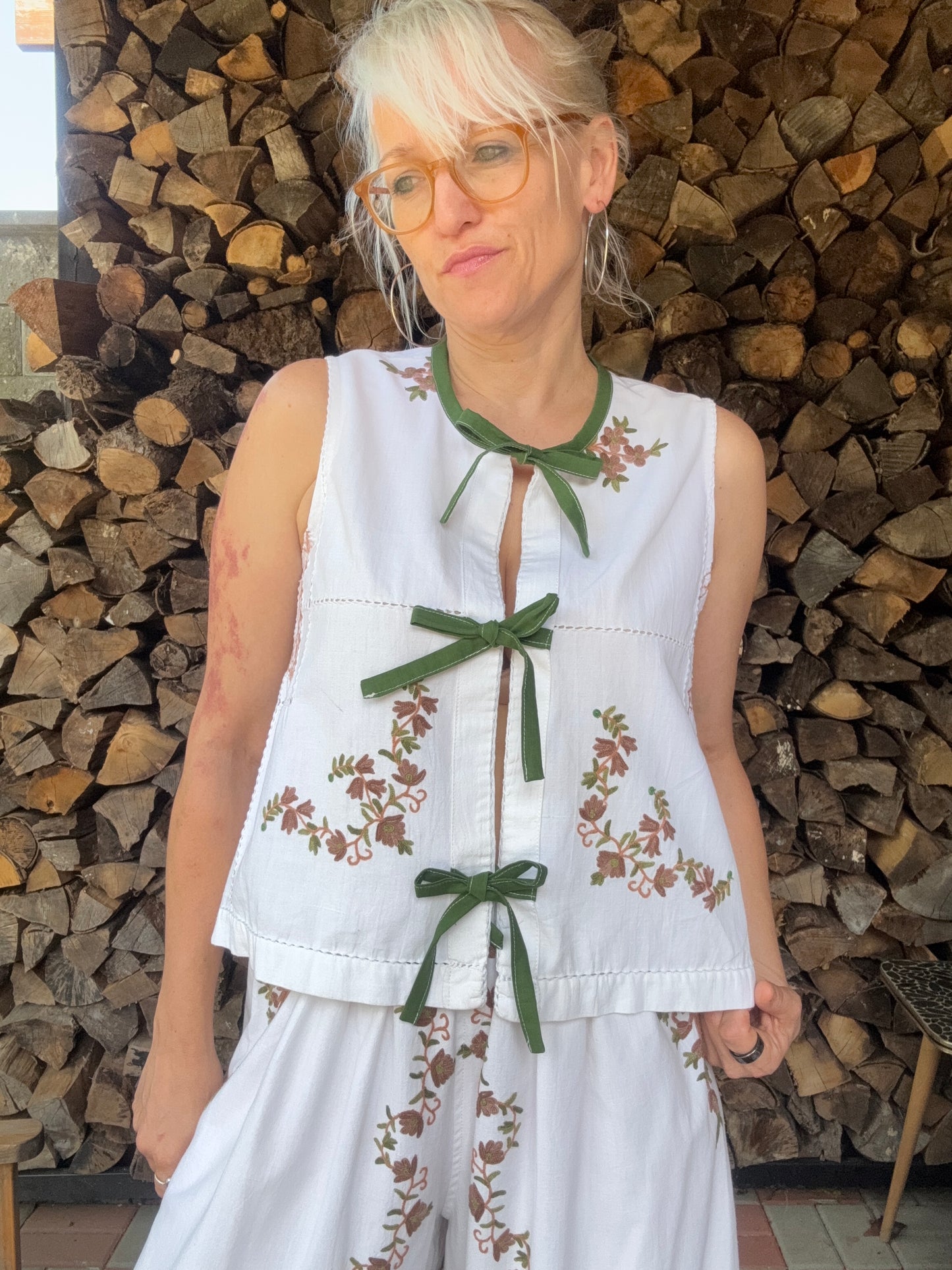 Cotton embroidery pants twinset