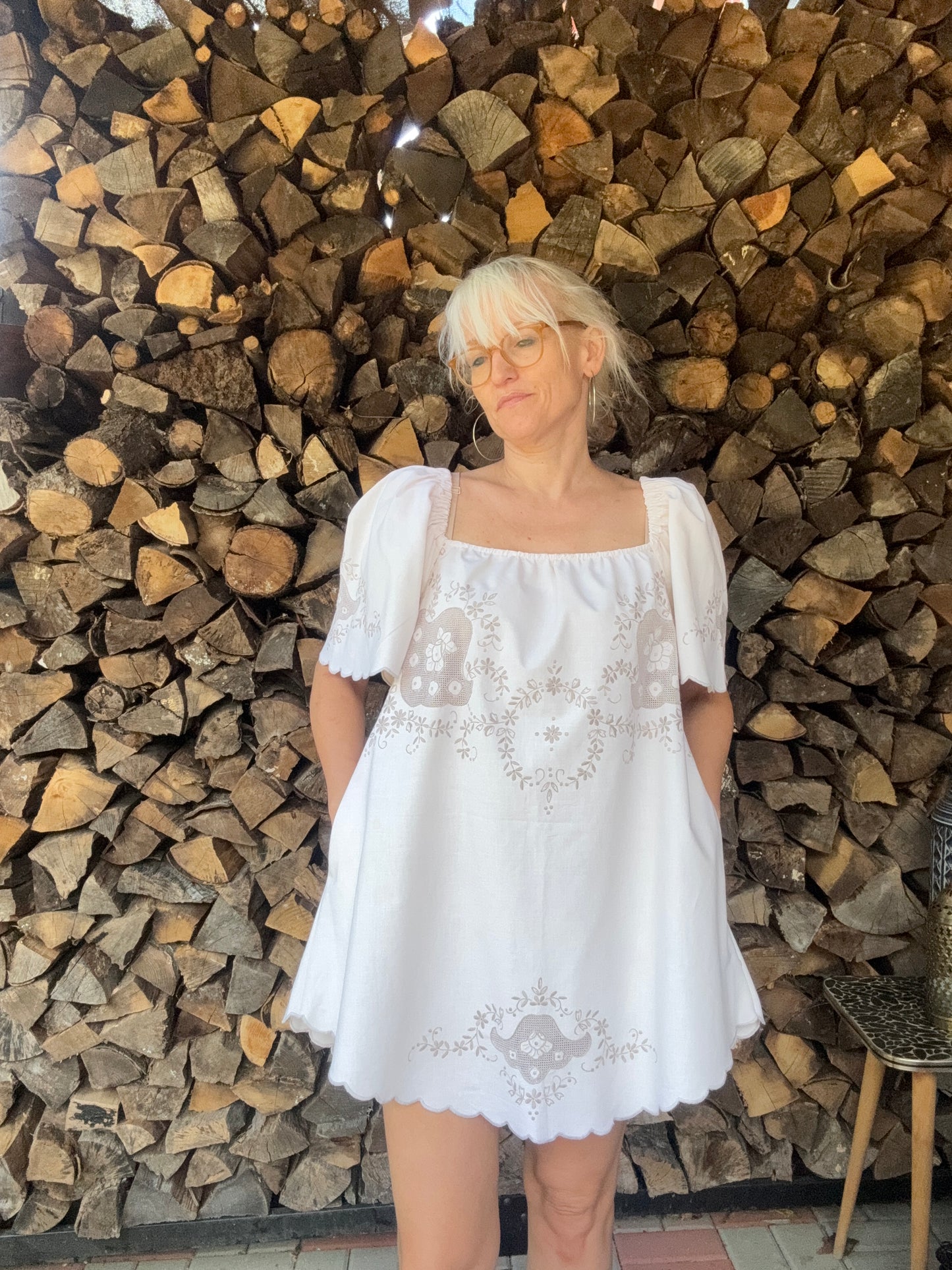 Beige cotton grey embroidery dress
