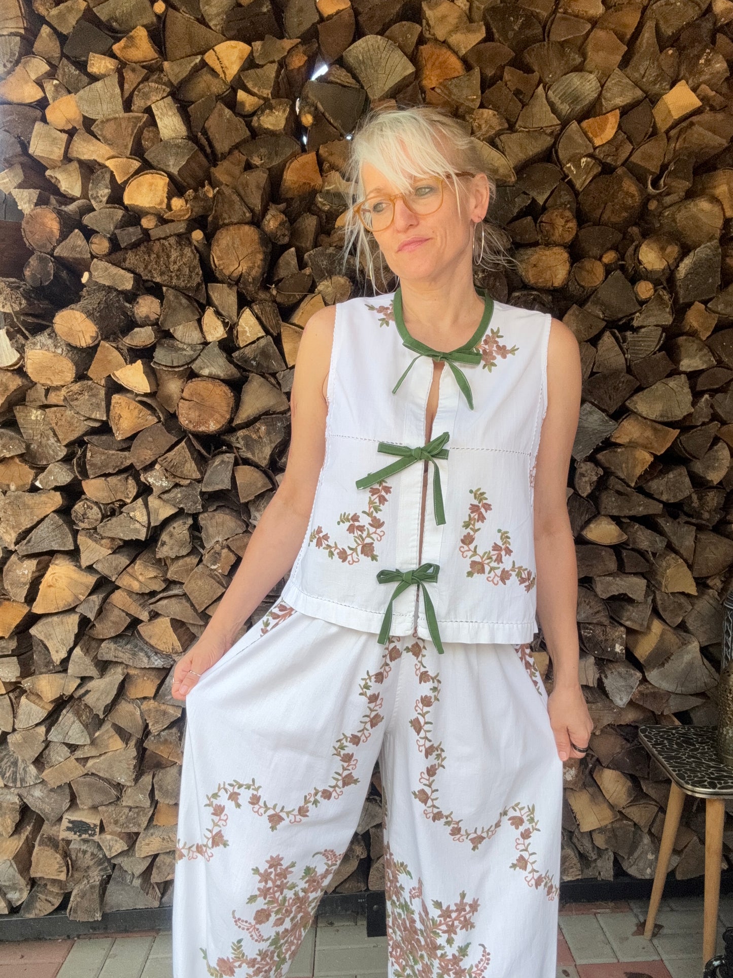 Cotton embroidery pants twinset