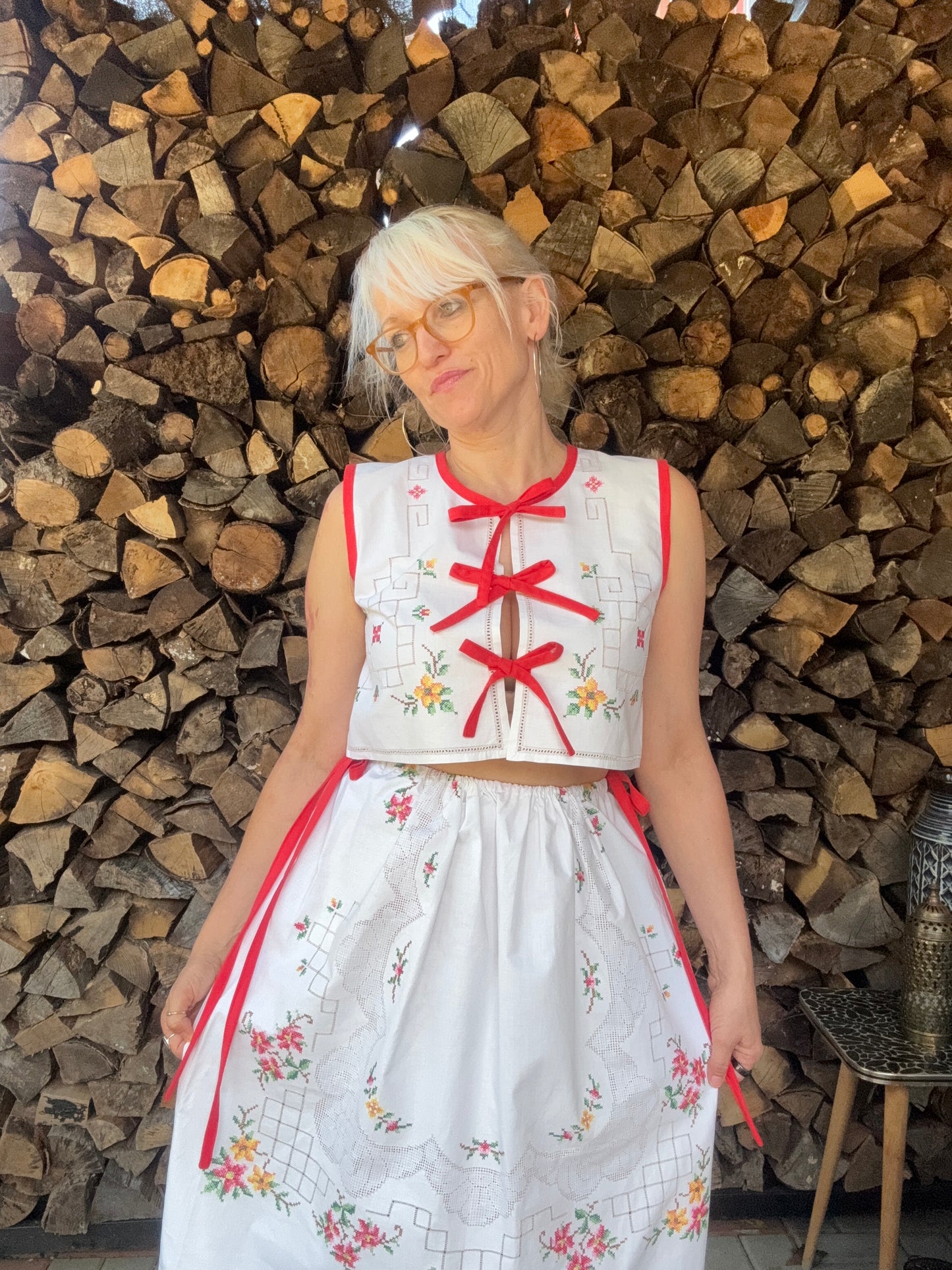 Cotton white/red skirt twinset