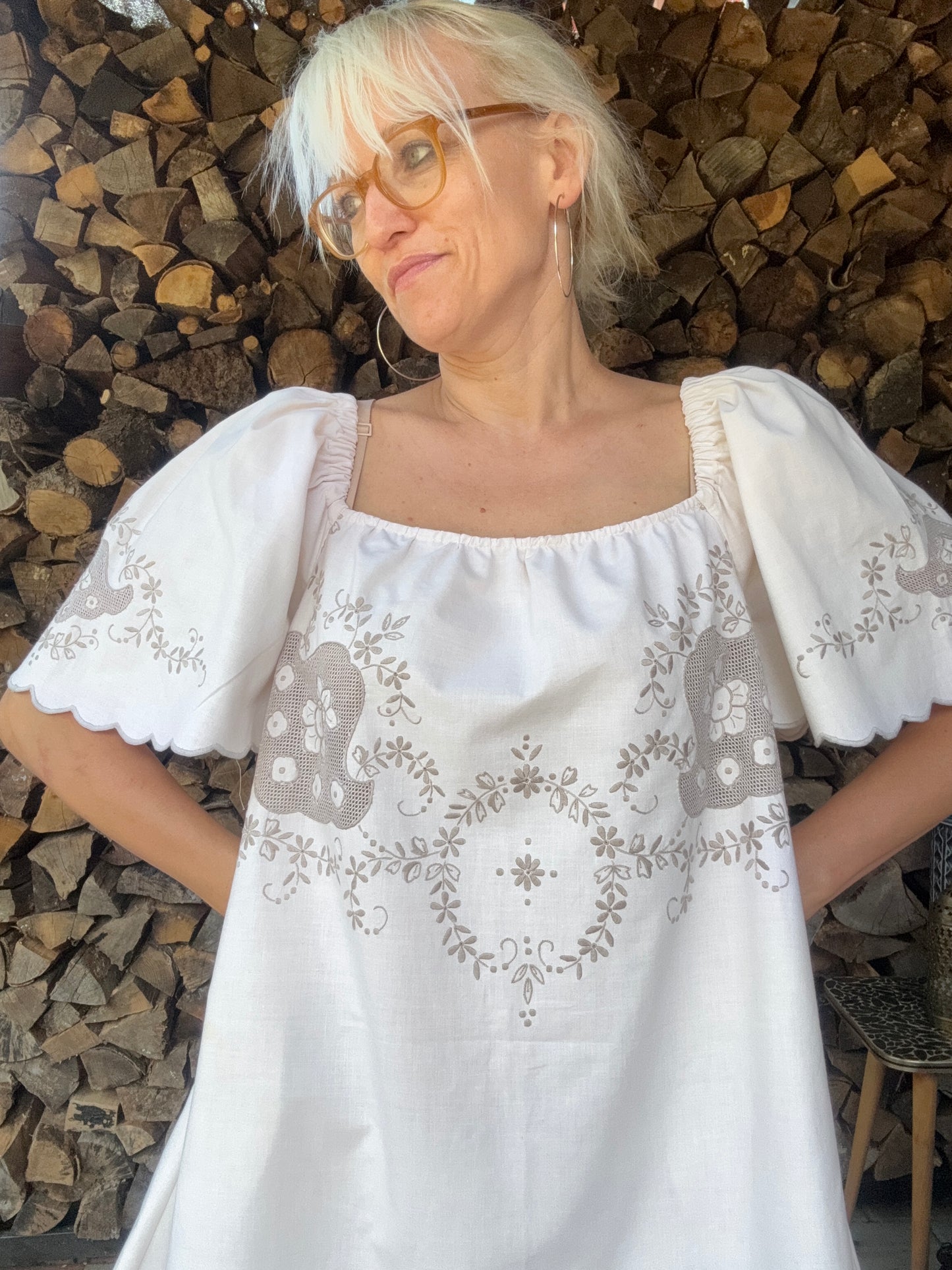 Beige cotton grey embroidery dress